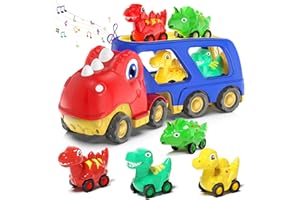 VESLIER Toddler Car Toy for 2 3 4 5 Years Old, Dinosaur Transport Carrier Truck with 4 Pack Small Pull Back Dino Car, Friction Power Vehicle Christmas Birthday Gift for 18M+ Kids Boys Girls