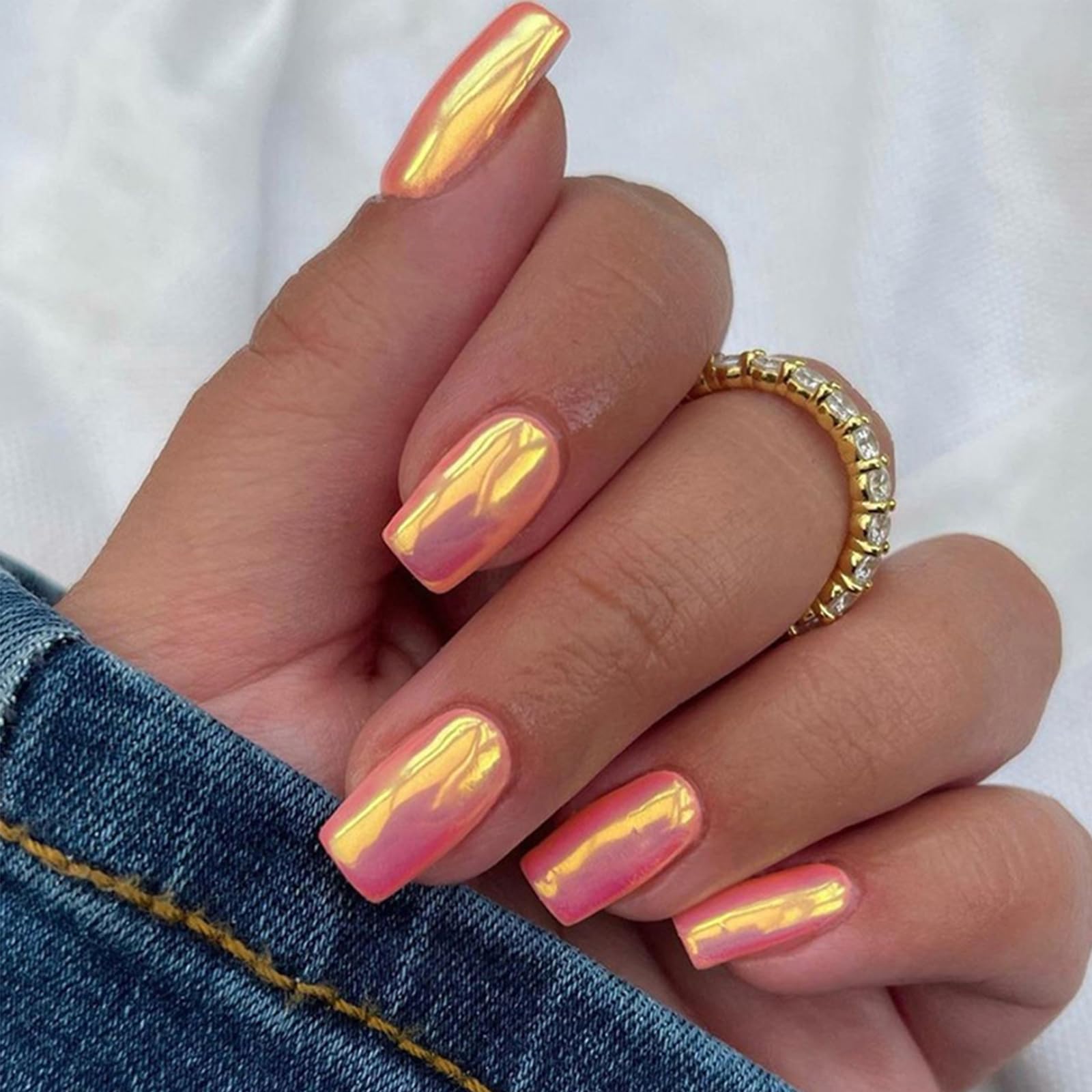 Photo 1 of Pink Chrome Press on Nails Medium Square Fake Nails Aurora False Nails with Design Glossy Glue on Nails Bright Shiny Acrylic Nails Pearl Flash Artificial Nails for Women Nail Art Decoration 24pcs
