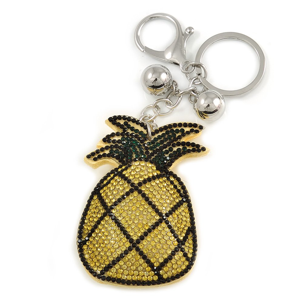Avalaya Yellow/Green Crystal Pineapple Keyring/Bag Charm In Silver Tone Metal - 11cm L