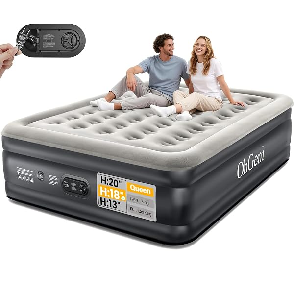OHGENI QUEEN AIR MATTRESS WITH BUILT IN PUMP, IDEAL ALTERNATIVE TO A BED, INFLATABLE BLOW UP MATTRESS 18 RAISED COMFORT, UPGRADED SURFACE PORTABLE BED FOR HOME, CAMPING, COLCHONE INFLABLE, 650 LBS