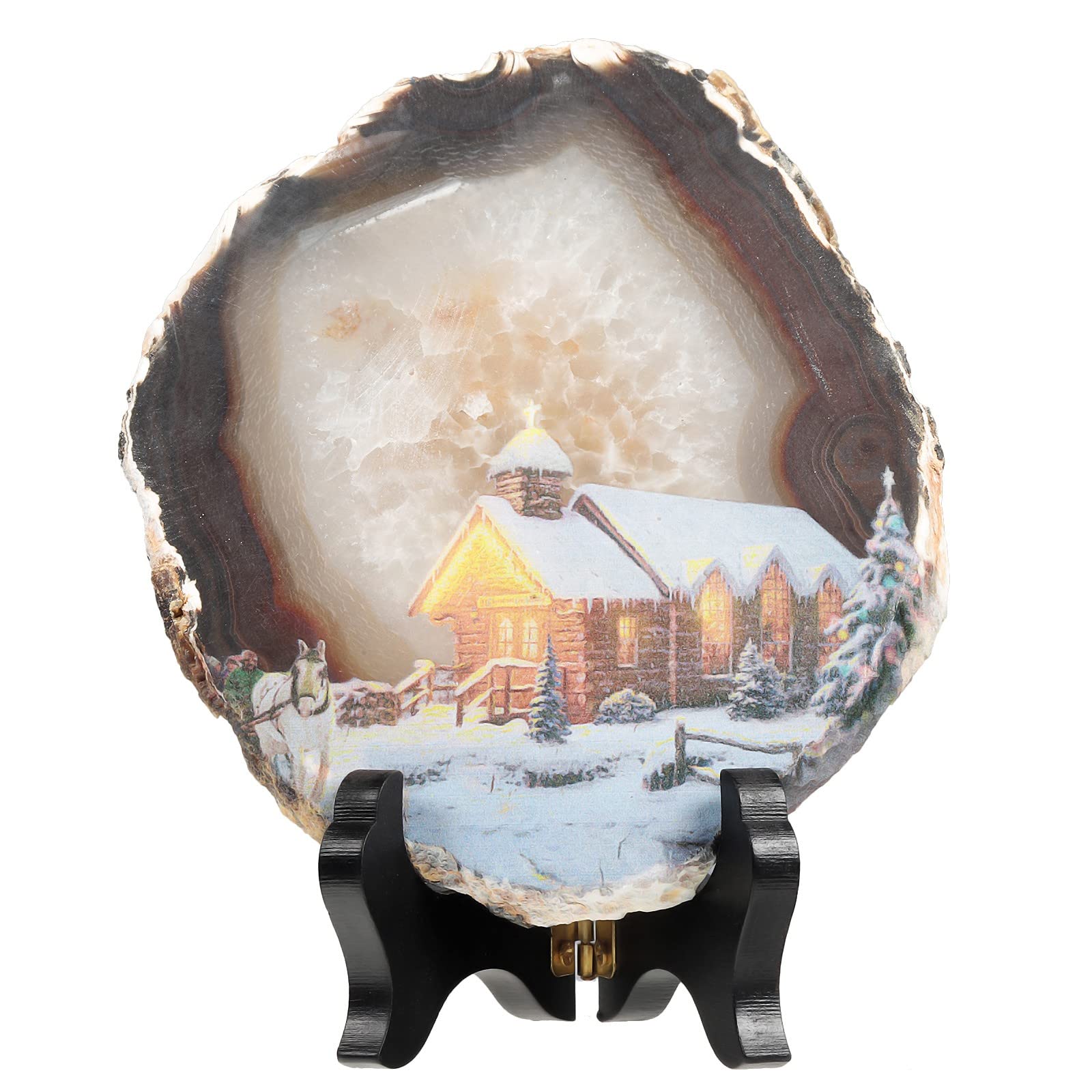 KYEYGWO Natural Irregular Agate Slice Painting Decor with Wooden Stand Agate Geode Slab for Desk Hallway, Horse Walking in Snowy Night