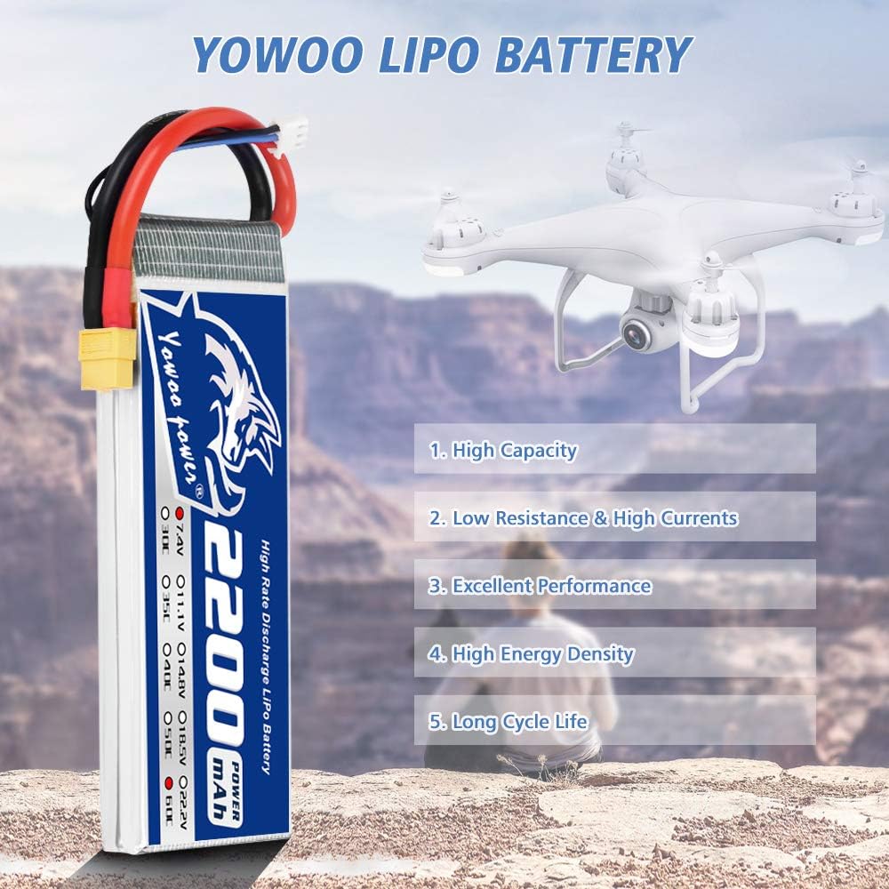 Yowoo 2 Pack 2S Lipo Battery 2200mAh 7.4V 130C Soft Case Graphene Battery with XT60 and Deans T Plug for RC Evader BX Car Truck Truggy RC Quadcopter Helicopter Airplane UAV Drone FPV RC Models - Image 5