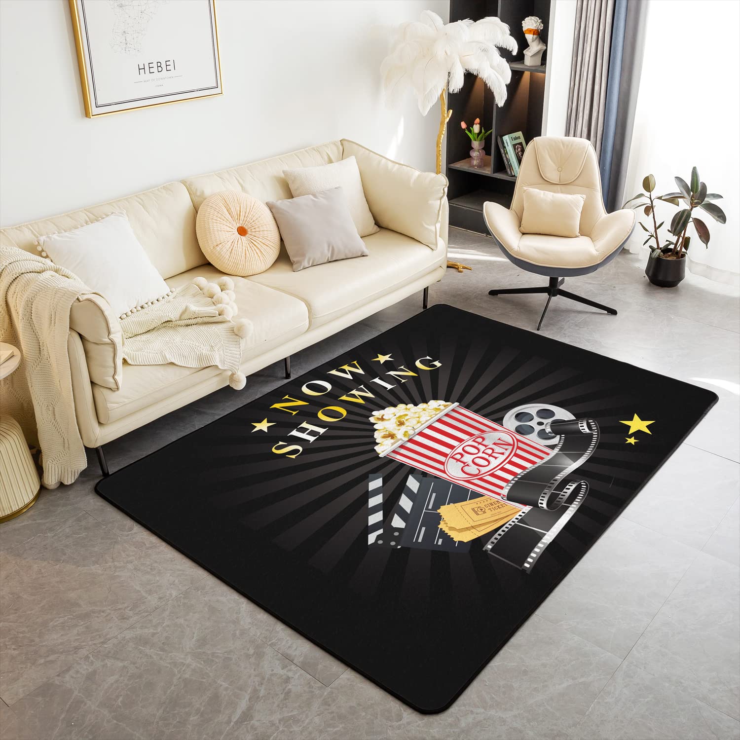 Loussiesd Popcorn Indoor Floor Mat Movie Theater Decor Carpet, Cinema Poster Living Room Rugs for Vintage Cinema Movie Theater Area Rug 150x200cm