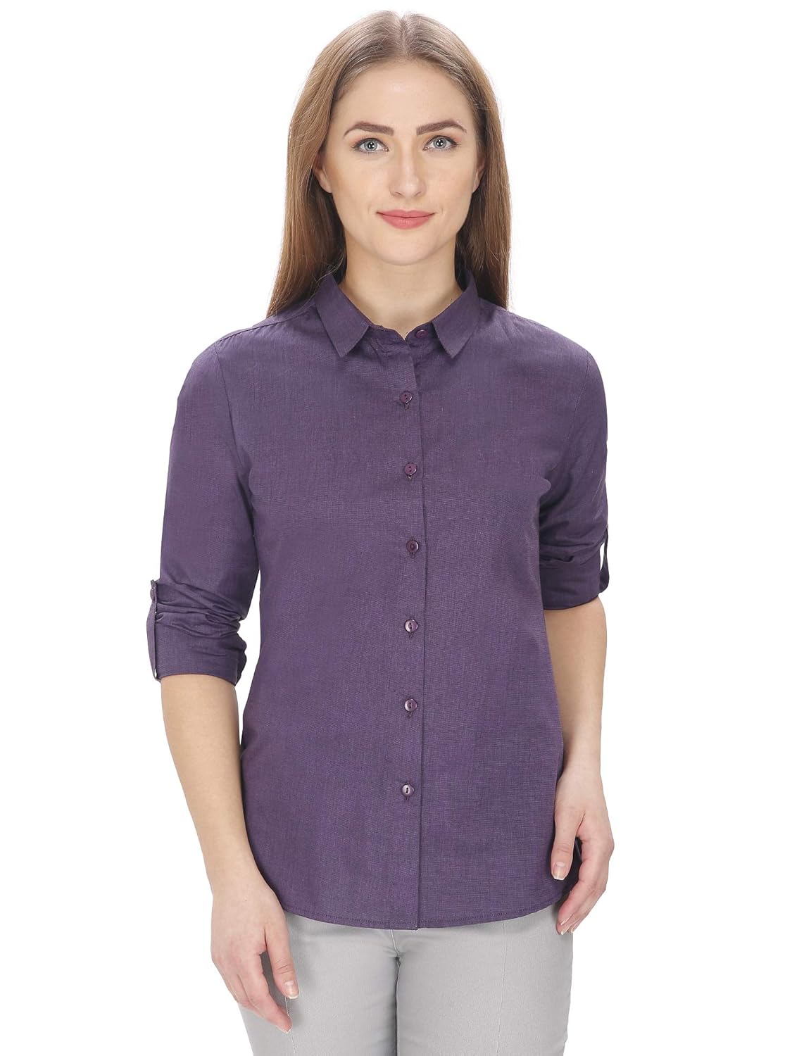 dark purple shirt grey pants