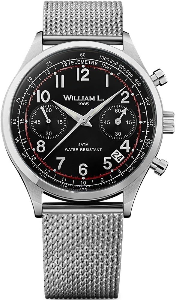 William L. 1985 Men's Analogue Quartz WLAC01NRMM Chronograph Watch with Mesh Band Strap Spring Bars Vintage Style