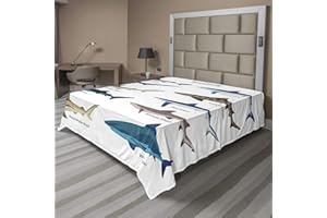 Ambesonne Shark Flat Sheet, Types of Sharks Pattern Whaler Piked Dogfish Whlae Shark Maritime Design Nautical, Soft and Comfortable Top Sheet Decorative Bedding 1 Piece, Full Size, Blue Tan