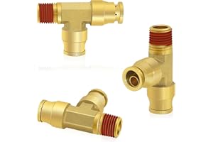 Siptenk 3/8" OD Brass Tee Union 1/4" NPT Air Fittings 3PCS, 3/8 Inch Air Line Fittings Push-To-Connect Brake Connector Kit for Truck Trailers