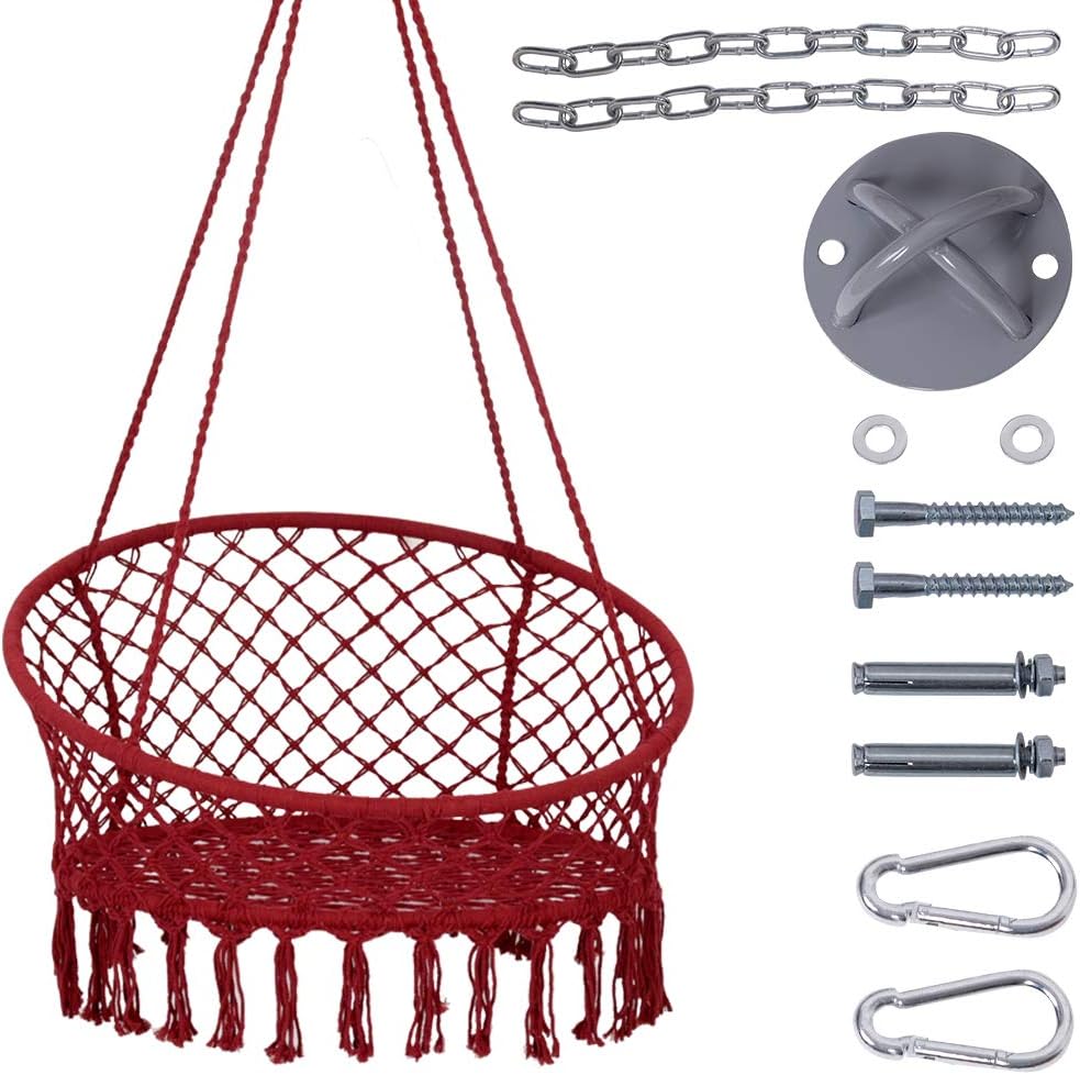 Lazy Daze Hammocks Handwoven Cotton Rope Hammock Chair Macrame Swing with Wall/Ceiling Mount Set, 300 Pounds Capacity, 47" Width, for Indoor, Garden, Patio, Yard, Red
