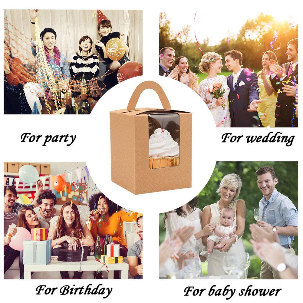 Kraft Cupcake Boxes,50pcs Single Cupcake Carrier with Window Insert and Handle Kraft Pastry Containers Muffins Cupcake Carriers for Bakery Wrapping Party Favor Packing