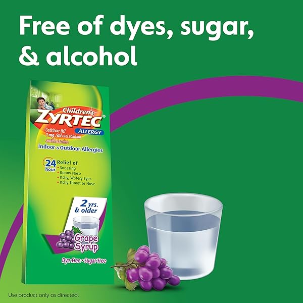 ZYRTEC CHILDREN’S 24 HOUR ALLERGY RELIEF SYRUP, 5 MG CETIRIZINE HCL ANTIHISTAMINE, KIDS ALLERGY MEDICINE FOR INDOOR & OUTDOOR ALLERGY RELIEF, DYE-FREE & SUGAR-FREE, GRAPE, 8 FL. OZ