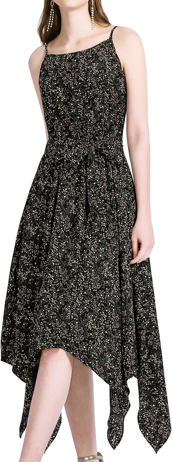 Gardenwed Women's Floral Spaghetti Straps Cocktail Dress Asymmetrical Chiffon Casual Beach Party Dress Black Little Flower S