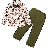 IDOPIP Boys Valentine’s Day Outfit Rose Heart Print Shirt Pants Set with Bowtie for Toddler Kids Formal Suit Birthday Wedding