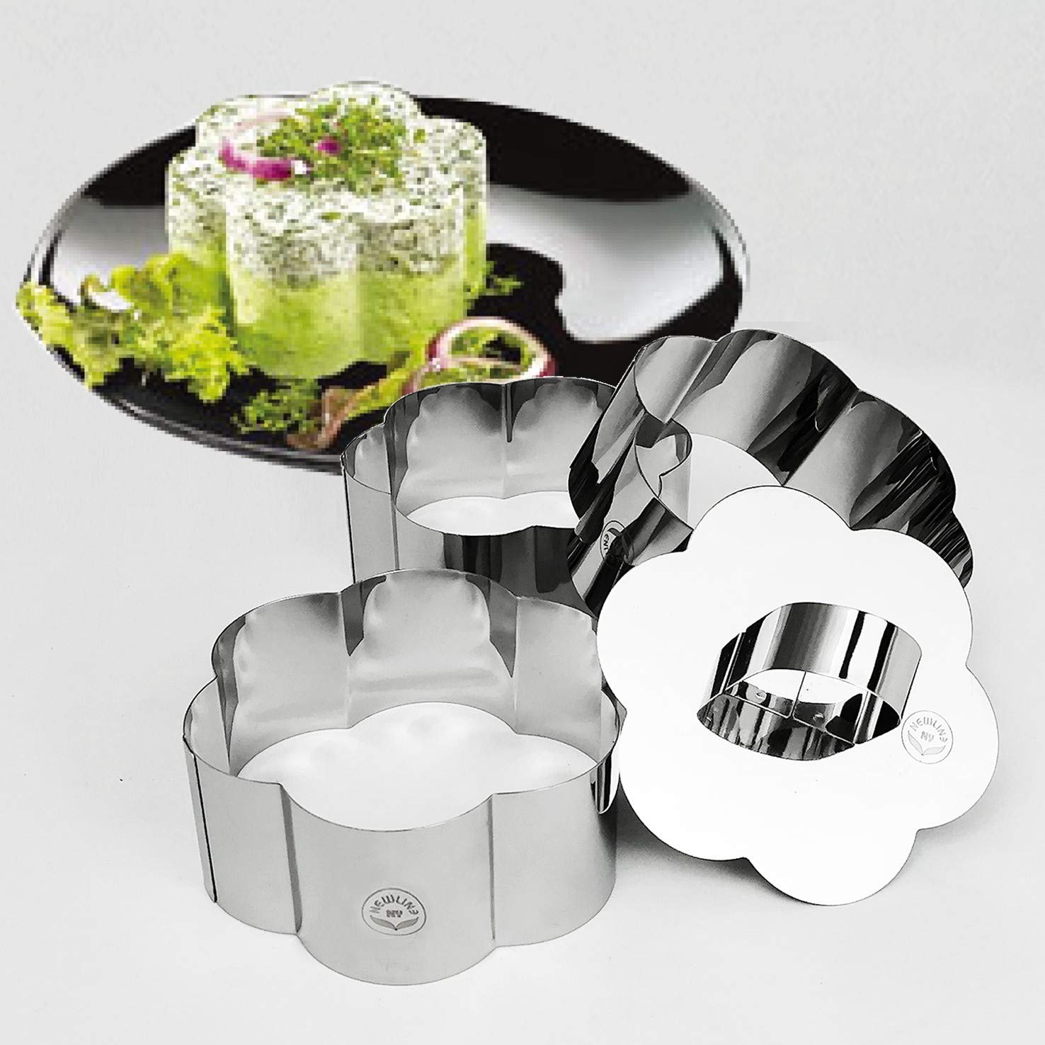 NewlineNY Stainless Steel Dessert Rings Flower Shape Molded Appetizers Salads Pastries Mousse Molding Layering Cutter (4 Pcs Flower Shape)
