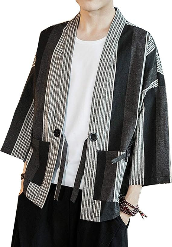 Amazon Freie Liebe フレイリビ 作務衣風 ジャケット ストライプ 縦縞 リネン混 綿混 夏用 涼しい カーディガン メンズ カーディガン 通販