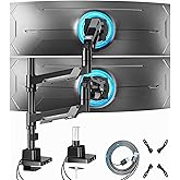 ARES WING Dual Monitor Mount, Adjustable Stacked Monitor Stand with USB A/C, Heavy Duty Gas Spring Monitor Desk Stand for 2 Monitors for 24-57 Inch Ultrawide Screen, 75/100/200 Vesa Mount, Black