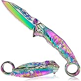 Vividstill Pocket Knife for Men, Cool Folding Knife With Titanium Plated 3D Eagle & Skull, Great Gift Edc Knife For Men Outdoor Survival Camping Hiking (Rainbow)