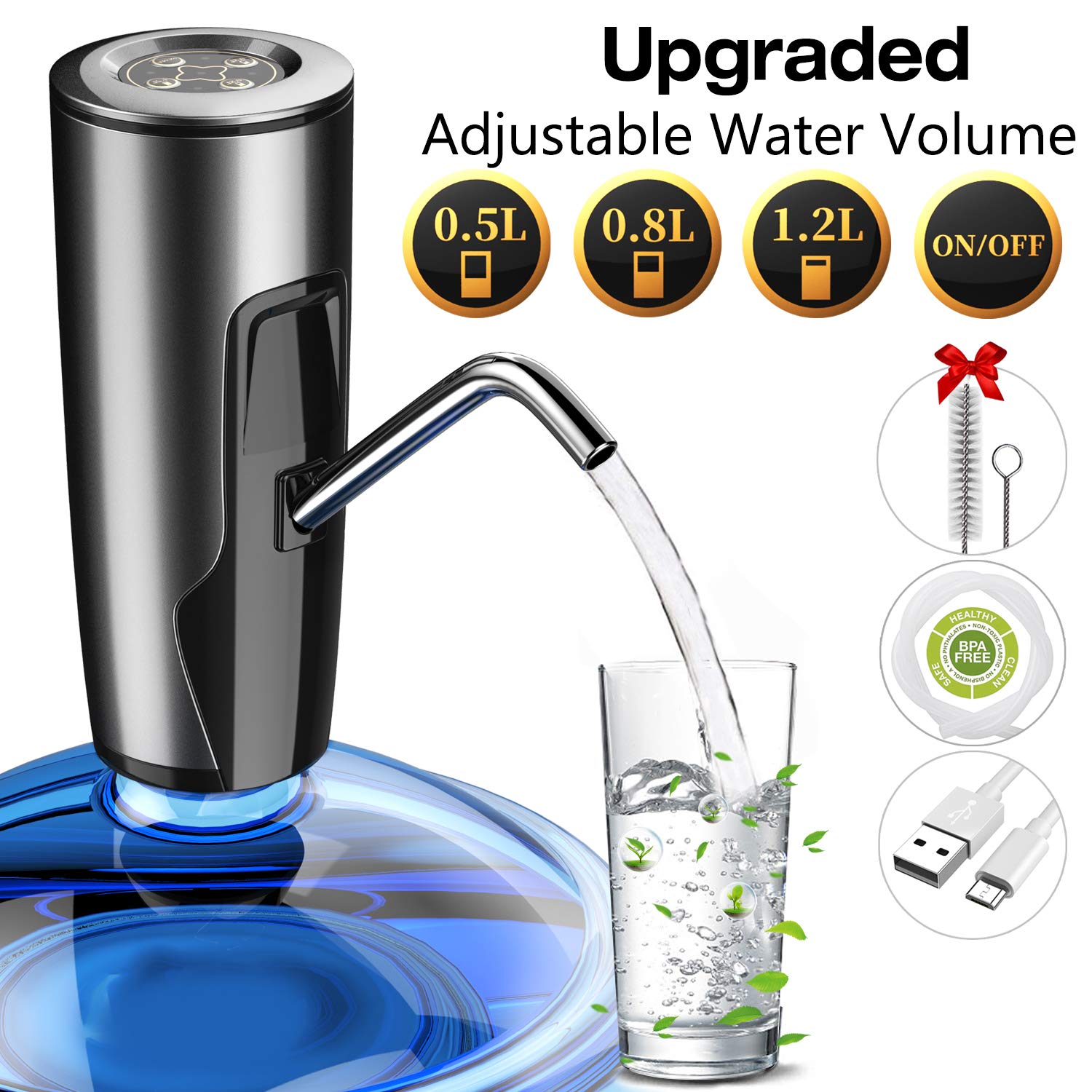 Water Bottle Pump 5 Gallon Water Jug Dispenser Portable Electric Drinking Water Dispenser Pump with Volume Control USB Rechargeable Battery for Kitchen, Office, Camping