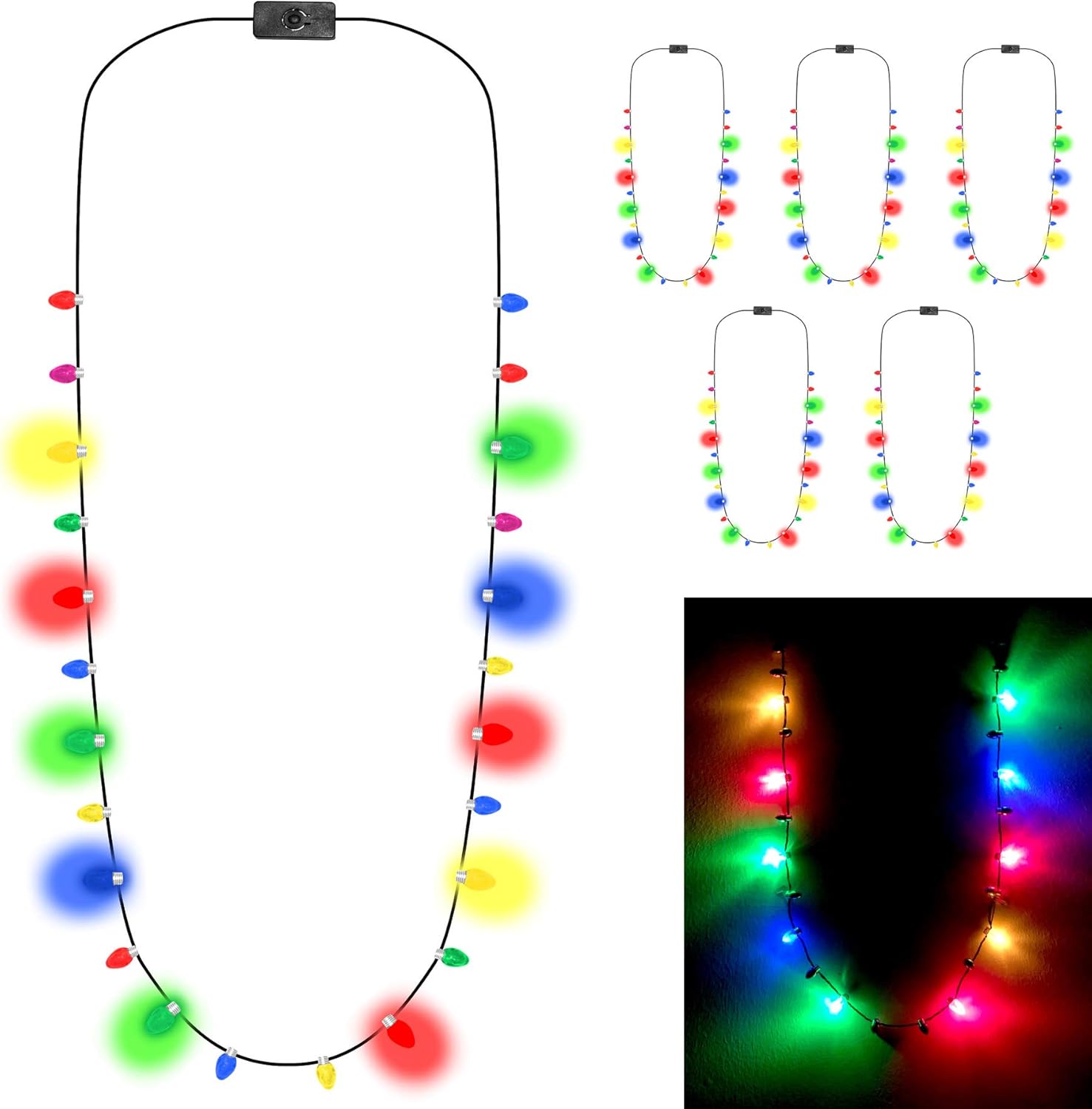 Amazon Com Light Up Led Christmas Holiday Bulb Necklace 10 Mini Bulbs 4 Colors Pack Of 6 Toys Games