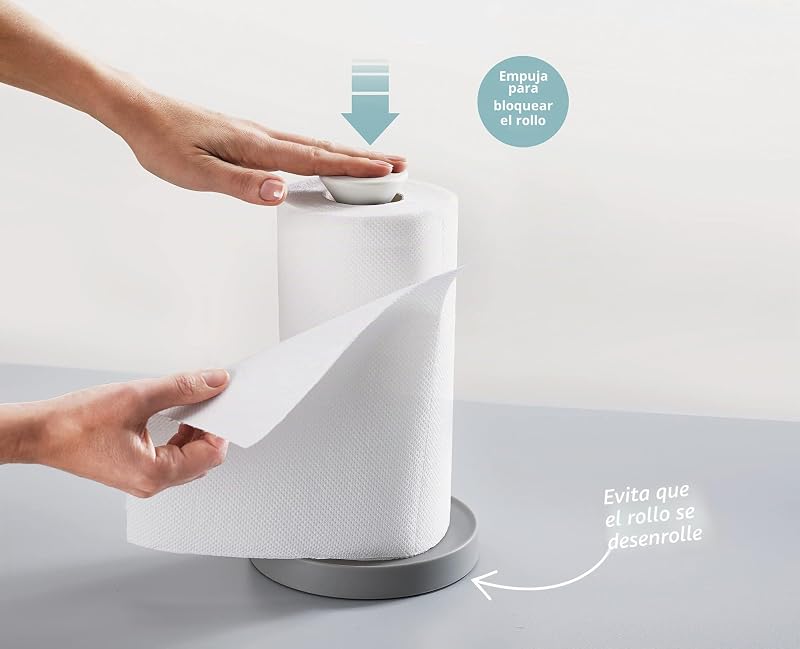 Suporte duplo para rolos de papel de cozinha, função de empurrar e rasgar para facilitar a remoção (altura máxima do rolo de cozinha de 24 cm), cinzento/branco