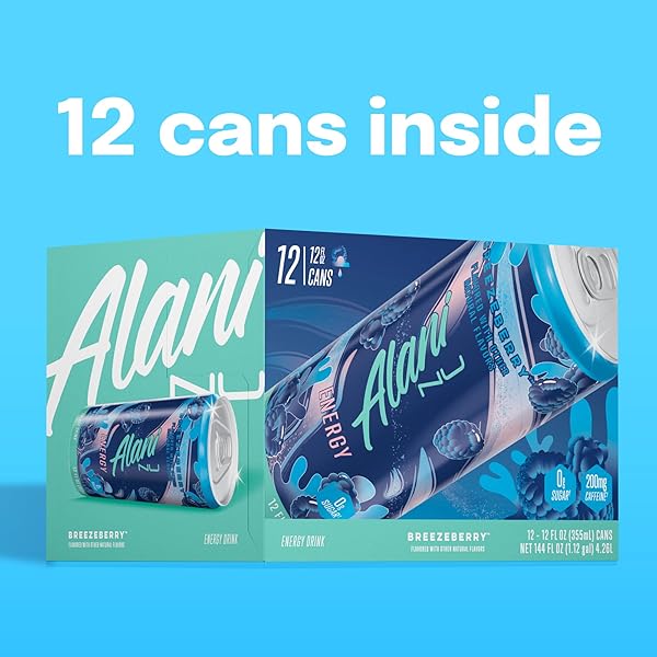ALANI NU BREEZEBERRY, SUGAR FREE, LOW CALORIE ENERGY DRINKS, 200MG CAFFEINE, BIOTIN, B VITAMINS, ZERO SUGAR, 10 CALORIES, 12 FL OZ CANS, 12 PACK