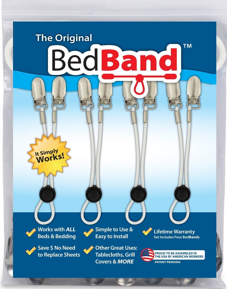 Bed Band Not Made in China. 100% USA Worker Assembled.. Bed Sheet Holder, Gripper, Suspender and Strap. Smooth any Sheets on any Bed. Sleep Better. Patented.,Black,1 Pack (4 Bands): Home & Kitchen