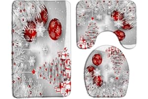 ZKJSMGS Merry Christmas Bath Mat Xmas Tree Red Ball Snowflake Twigs Pine Tree Branch Winter Holiday Festival Rustic 3 Piece Bath Rug Sets,17.8"x29.5"Bath Mat,Toilet Seat Cover, U-Shaped Toilet