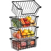 SUNALLY Stackable Storage Bins 4 Pcs Wire Baskets Freezer Organizer, Black | Pantry Organizers Storage, Vegetable Fruit Storage Basket for Countertop, Kitchen Baskets for Onion Potato Snack Cans Storage