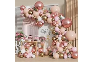 BLOCESA Rose Gold Balloon Garland Kit, Nude Pastel Pink Metallic Gold Matte White Balloons Gold and Rose Gold Confetti Balloons for Wedding Bridal Shower Princess Party Girl Birthday Decorations