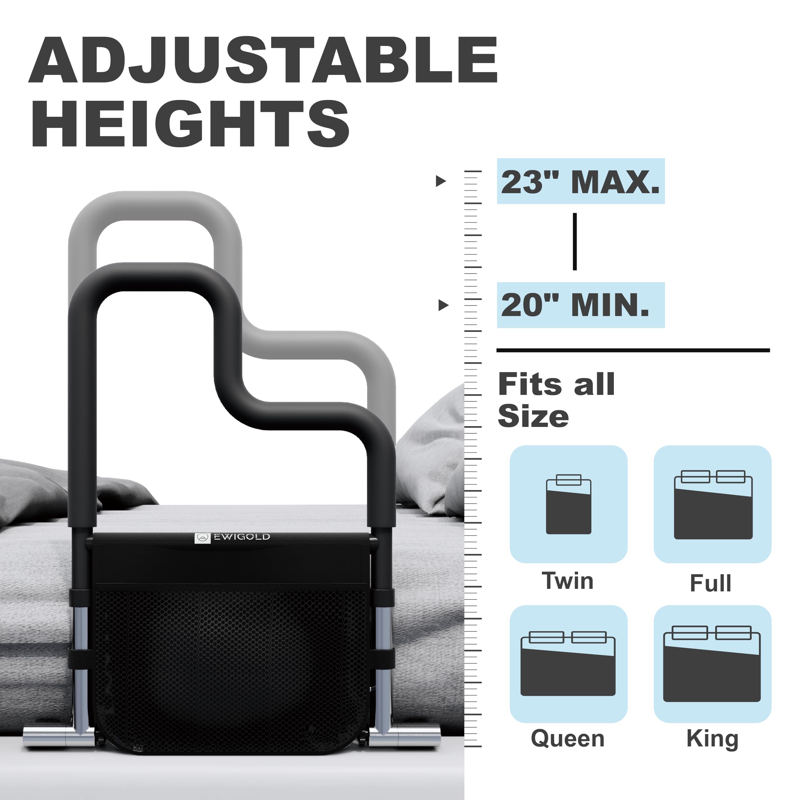 Dual-Bar Bed Rails for Elderly Adults Safety - Bed Rails with Height-Adjustable Handle - Bed Assist Rail with Storage Pocket - No Installation at All - Fit King, Queen, Full, Twin