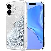 WORLDMOM for iPhone 16 Case, Clear Design Bling Flowing Liquid Floating Sparkle Colorful Glitter Waterfall TPU Protective Phone Case, Silver