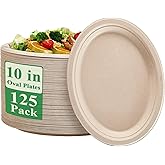 Vplus 100% Compostable Oval Paper Plates 10 inch 125 Pack Super Strong Disposable Paper Plates Bagasse Natural Biodegradable Eco-Friendly Sugarcane for BBQ, Party, Gathering, and Picnic