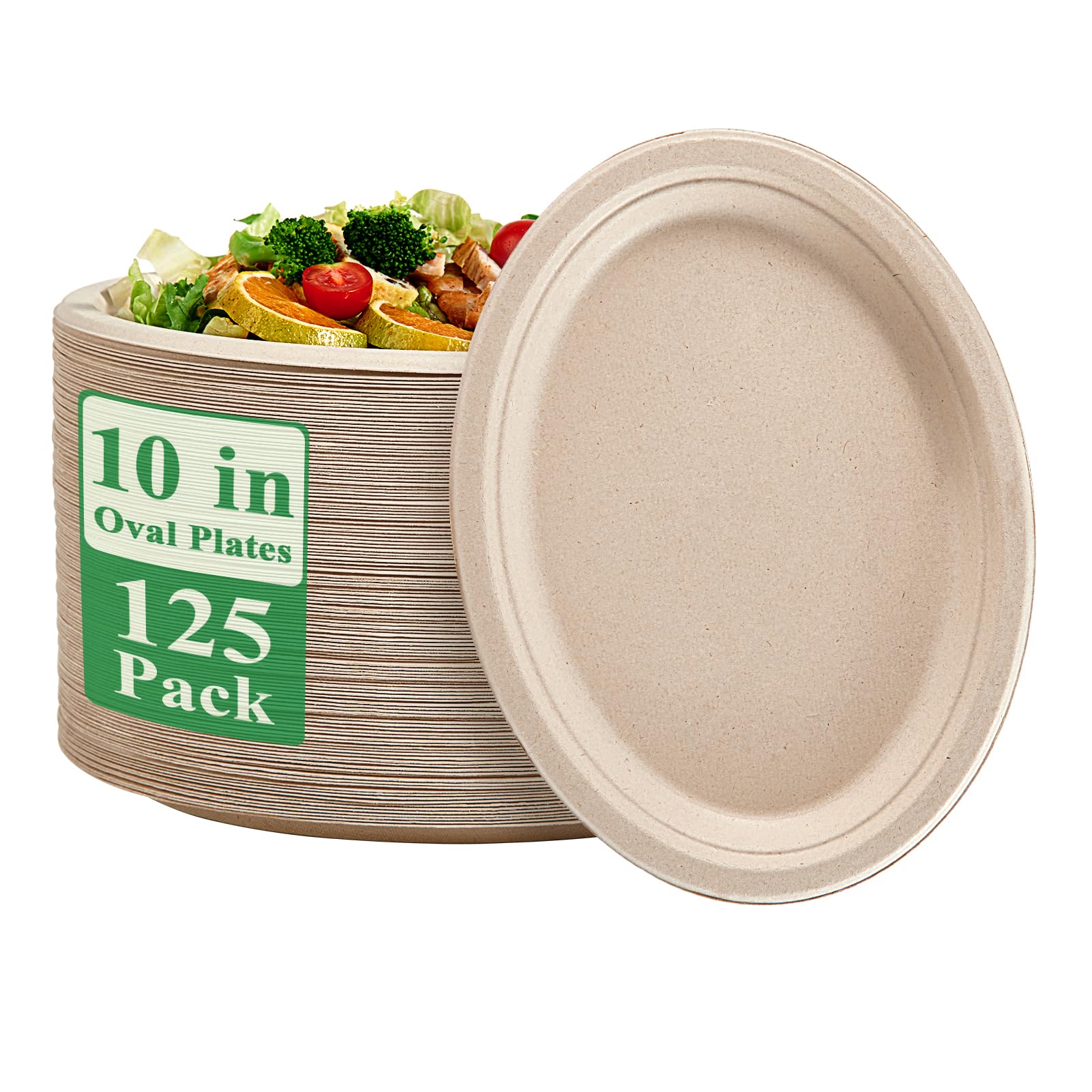 Photo 1 of Vplus 100% Compostable Oval Paper Plates 10 inch 125 Pack Super Strong Disposable Paper Plates Bagasse Natural Biodegradable Eco-Friendly Sugarcane for BBQ, Party, Gathering, and Picnic