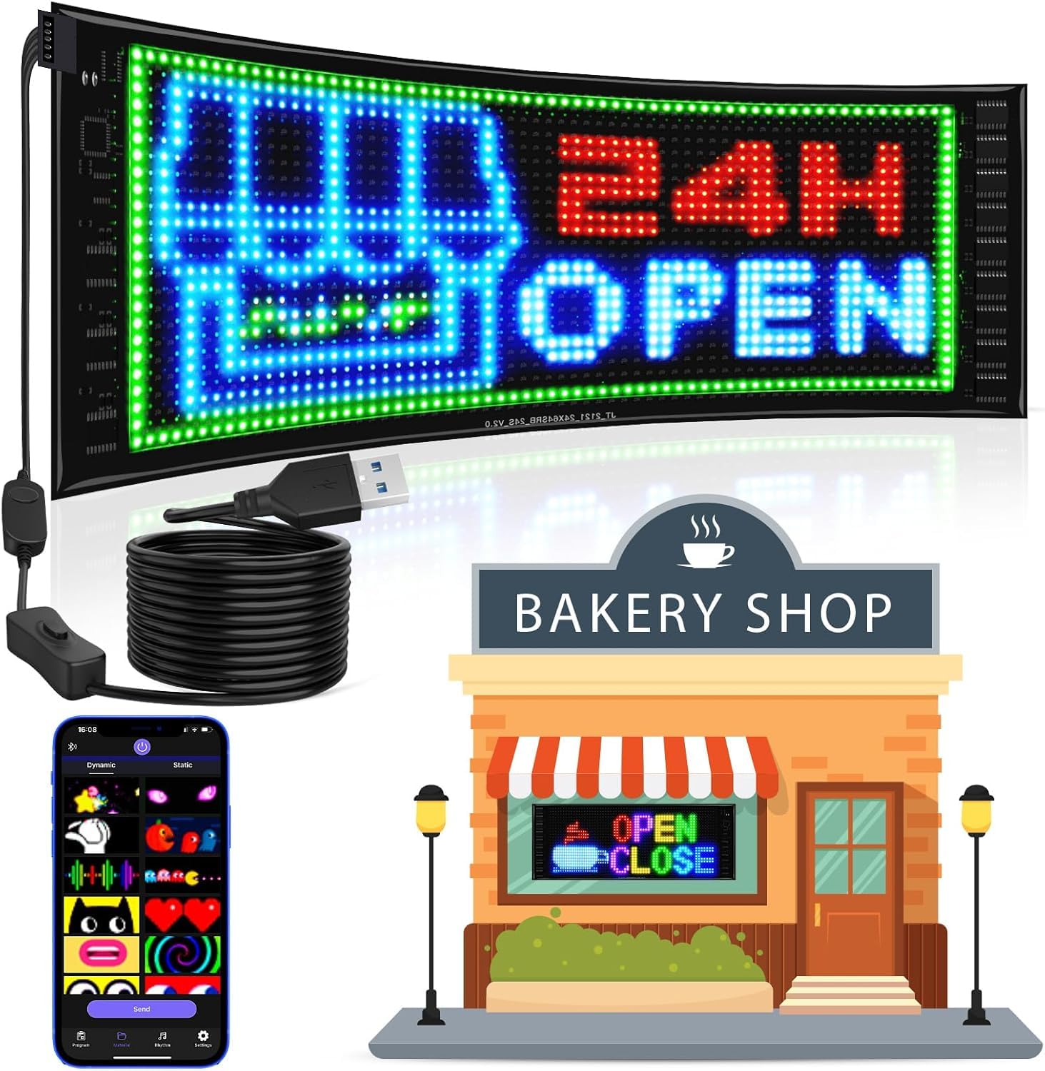 Double Row Scrolling LED Sign, 17"x6.3" Full Color Programmable LED Display, Flexible 5V/2A Bluetooth APP Control Custom Digital Sign Screen Matrix Panel for Store Advertising, Event Decor