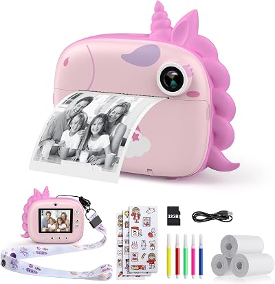 HiMont Kids Camera Instant Print Digital Camera Pink 32G Card 2.16x3.15" Paper