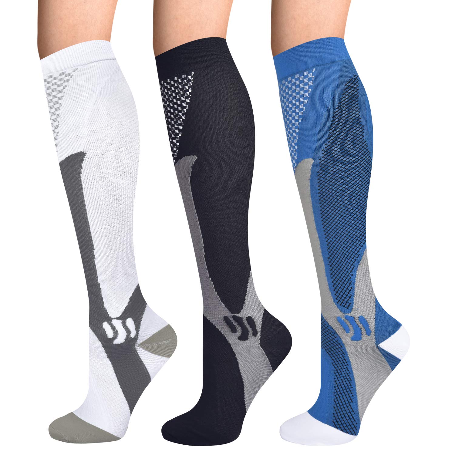 Evolyline 3 Pairs Compression Socks for Women & Men, Knee Length Medical Compression Socks for Men, Fit for Running Flying Nursing Flight Travel Sports varicose veins Promote Circulation 20-30 mmhg