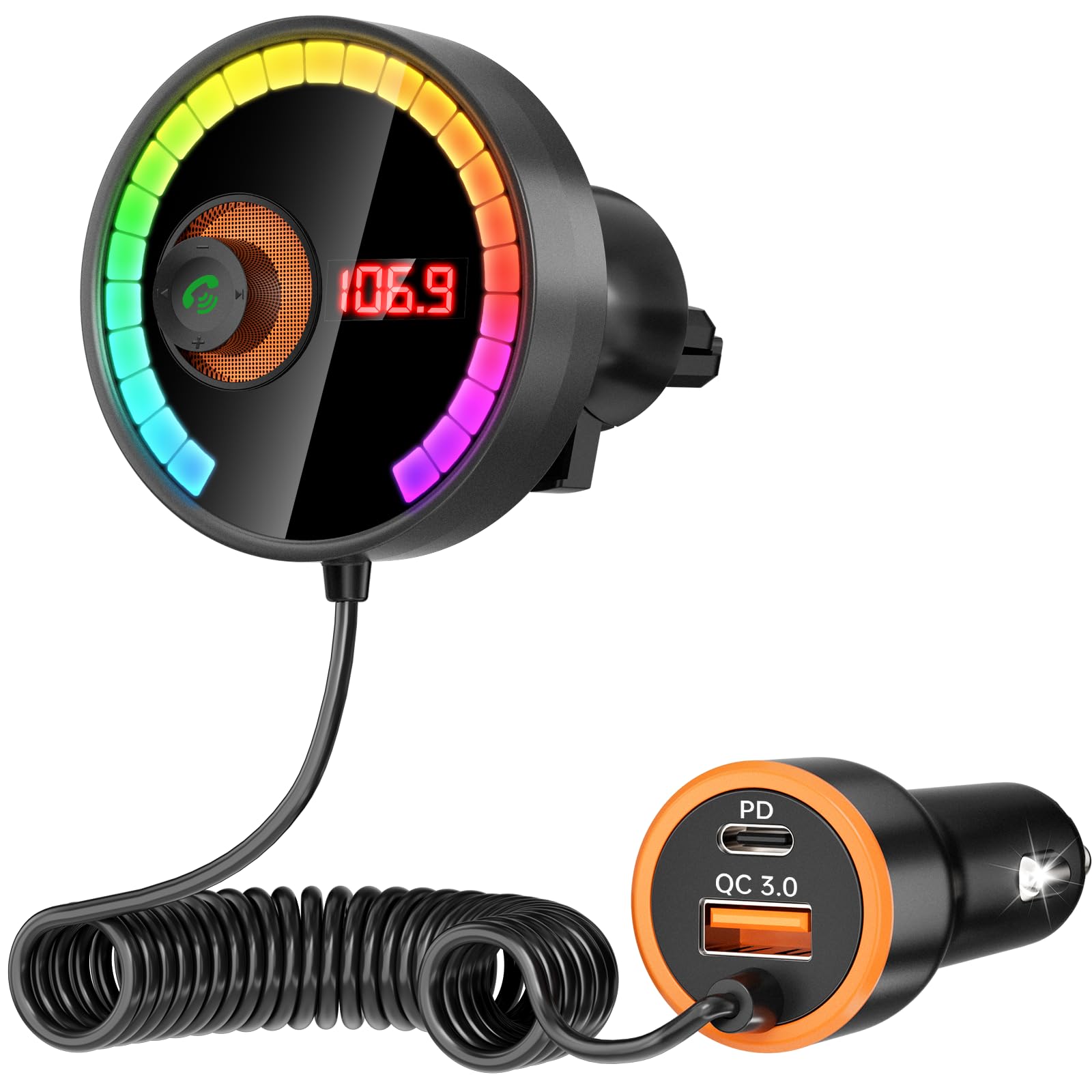 Bluetooth Car Adapter FM Transmitter Car Radio Bluetooth Transmitter, 7 Colors LED Backlit, QC3.0 Fast Charging, Strong Microphone, Hifi Bass Sound, Hands-Free Call, Support USB/TF Drive