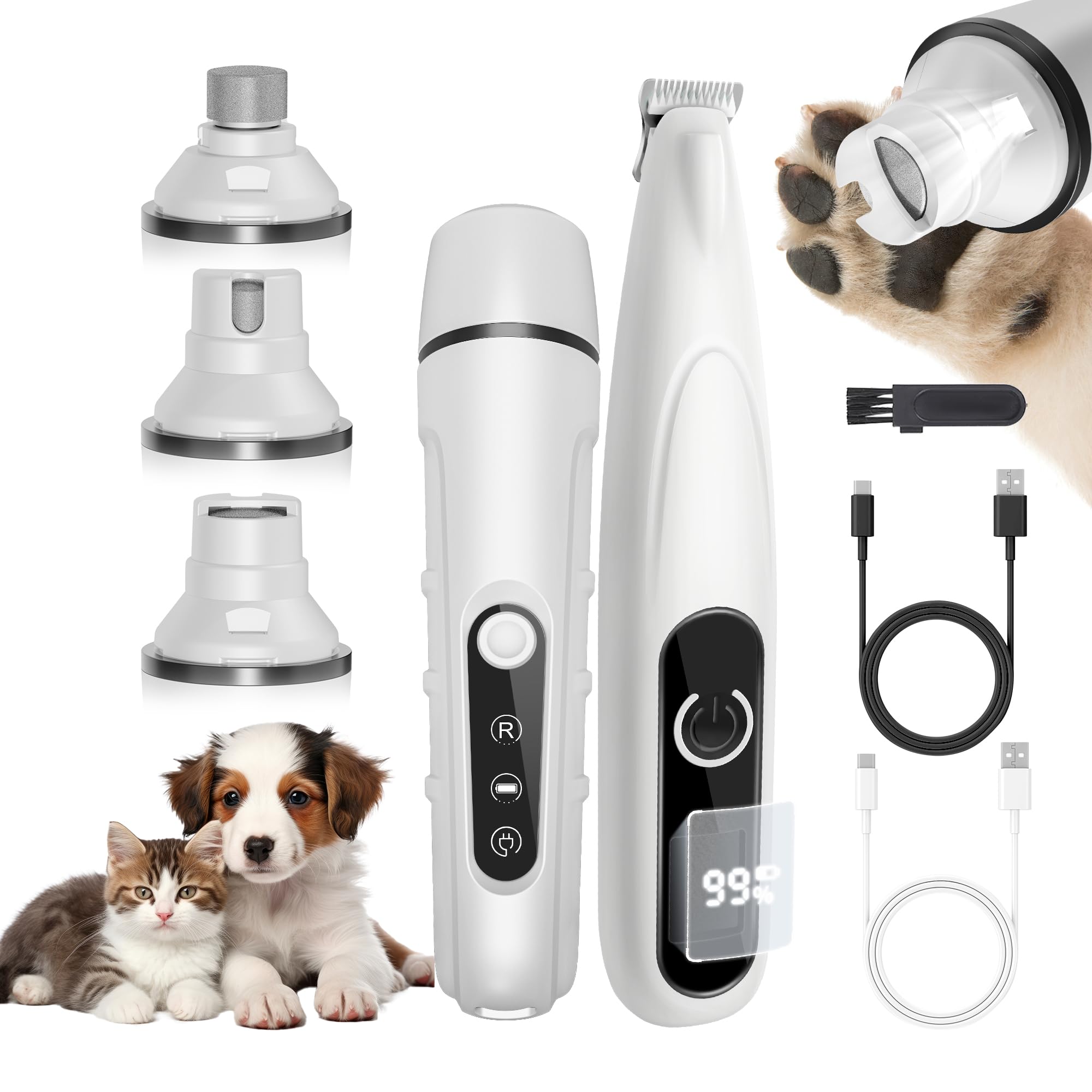 PAPMINI 2 in 1 Dog Nail Grinder and Dog Paw Trimmer, Quiet Painless Electric Dog Nail Trimmers for Large Medium Small Dogs&Cats, Cordless Clipper for Nails, Paws, Ears, Eyes, Rump&Body Grooming（White