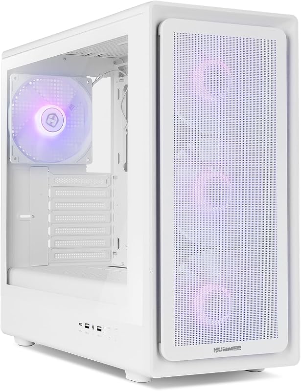 Hummer Aero – ATX Mid-Tower |M-ATX | O ITX inclui 4 ventoinhas ARGB PWM de 140mm, malha frontal, lado de vidro temperado, USB-C e USB 3.0, suporte a GPU de 420mm, filtro magnético, branco