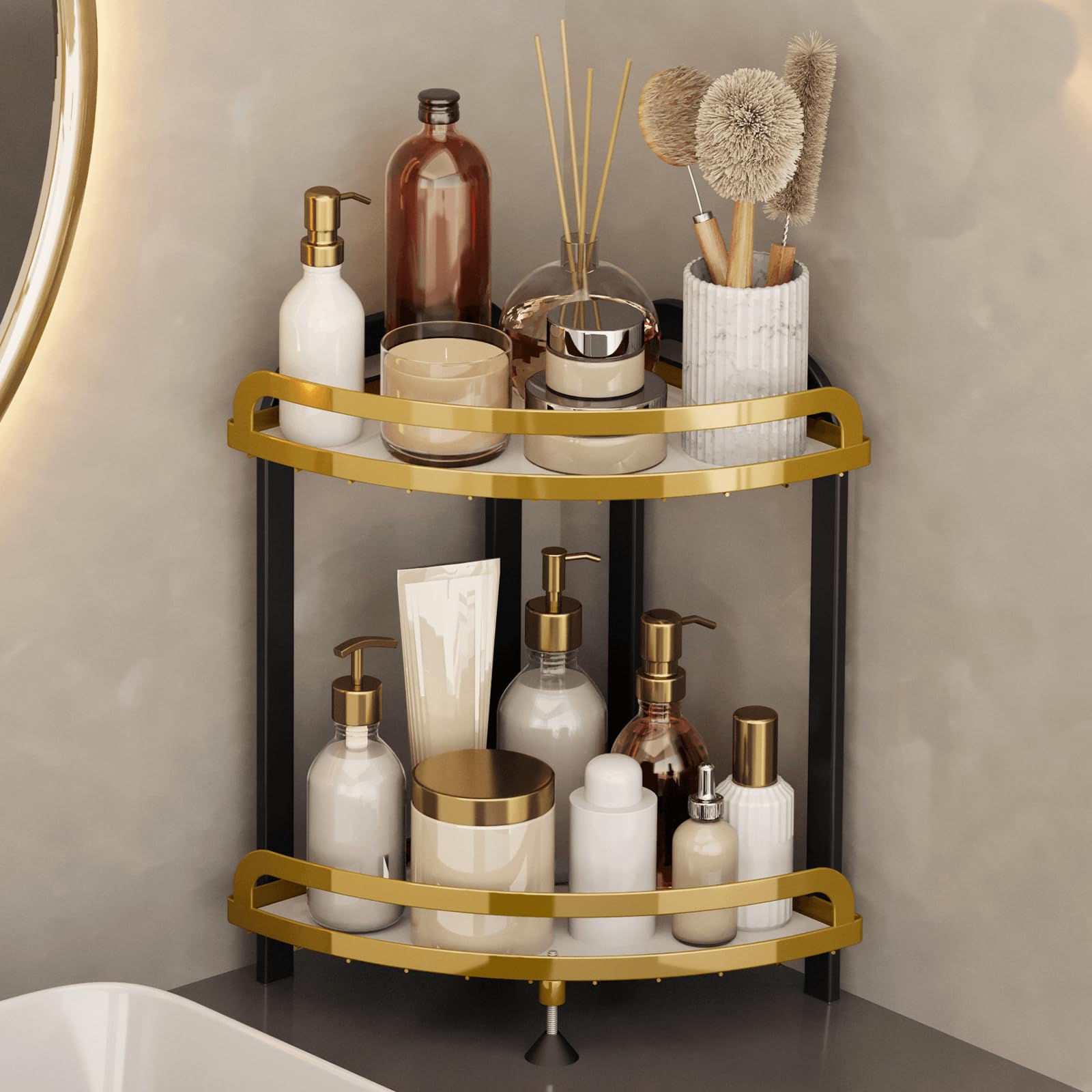Photo 1 of YIWANFW 2 Tier Bathroom Organizer Countertop XL Corner Shelf, Black Gold Bathroom Counter Organizers, Large Capacity Vanity Shelves, Corner Skincare Makeup Storage, 9''W x 9''L x 13.78''H