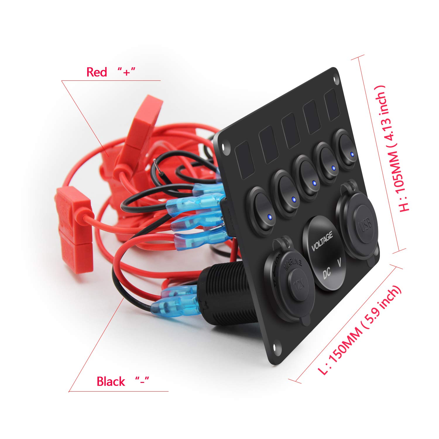 FXC 5 Gang Rocker Switch Panel with Dual USB Slot Socket 5V 4.2A + Cigarette Lighter + Voltmeter for Marine Boat Car Rv Vehicles Truck 12-24V Waterproof Blue LED (5B Blue): Industrial & Scientific