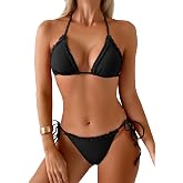 TASHEHE Women's Triangle Bikini Set Sexy String Halter Swimsuit Cute Ruffle Trim Two Piece Bathing Suit