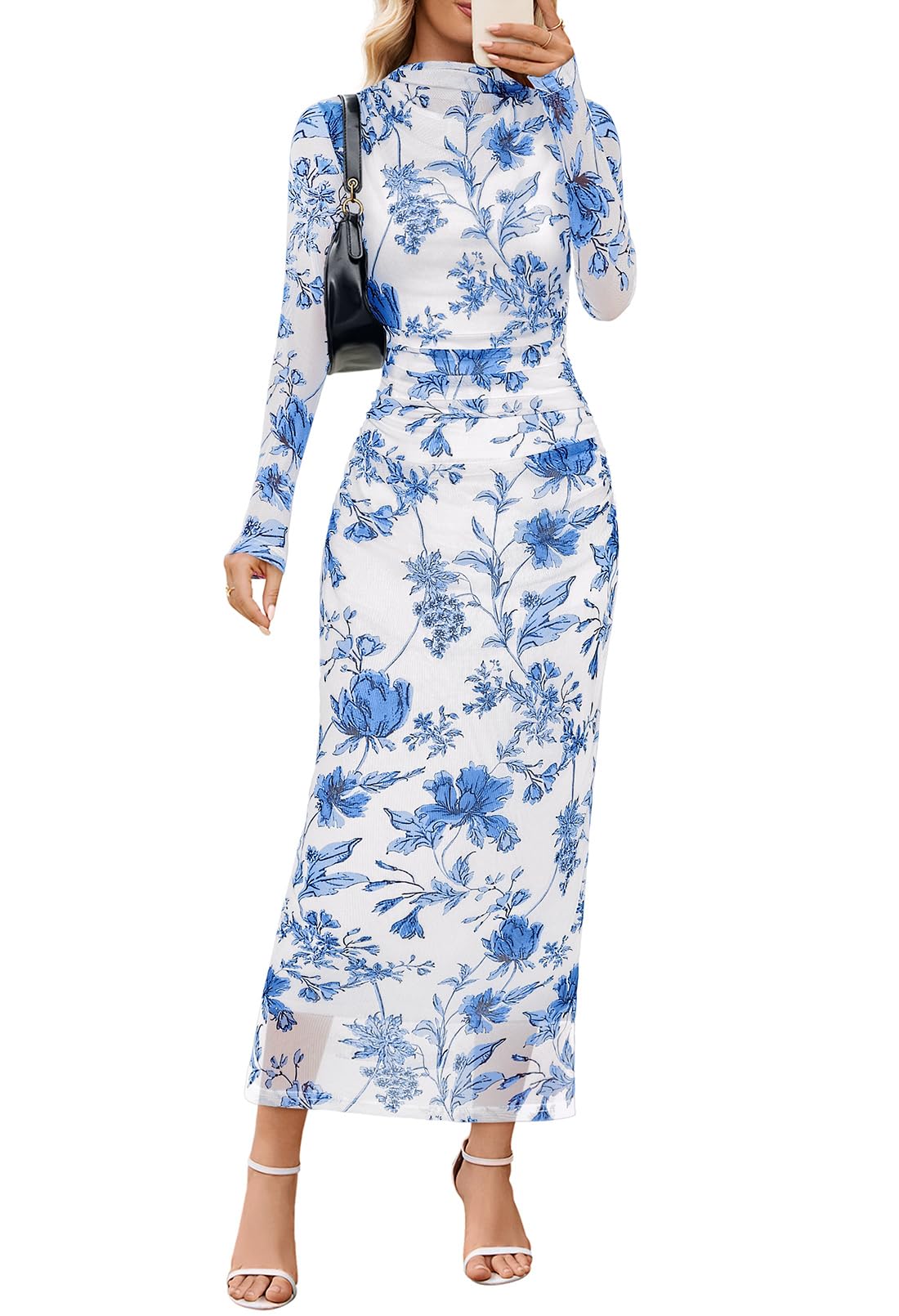 MEROKEETY Women's Spring Wedding Guest Dress 2026 Long Sleeve Bodycon Floral Mesh Fall Cocktail Holiday Party Maxi Dresses, White Blue, XL Image