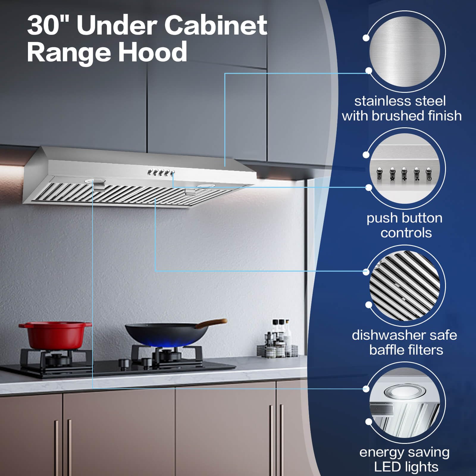 SNDOAS Range Hood 30 inch Under Cabinet,Stainless Steel Ducted/Ductless Range Hood 30 inch,3 Venting Ways Stove Hood,700 CFM Kitchen Vent Hood with 3 Speed Exhaust Fan,Push Button Control