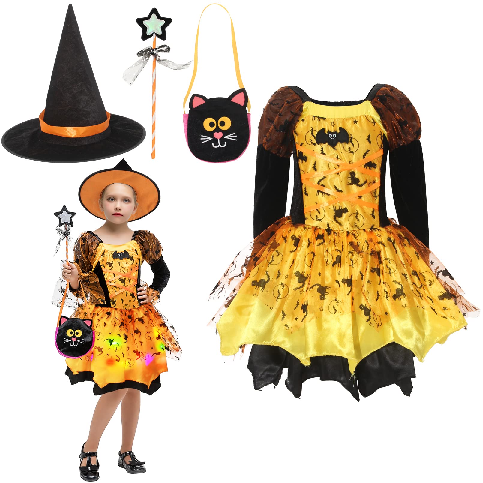 Cloudkids Light Up Witch Costumes for Girls Kids Witch Costume Halloween Witches Outfits Cosplay Party Fancy Dress with Accessories