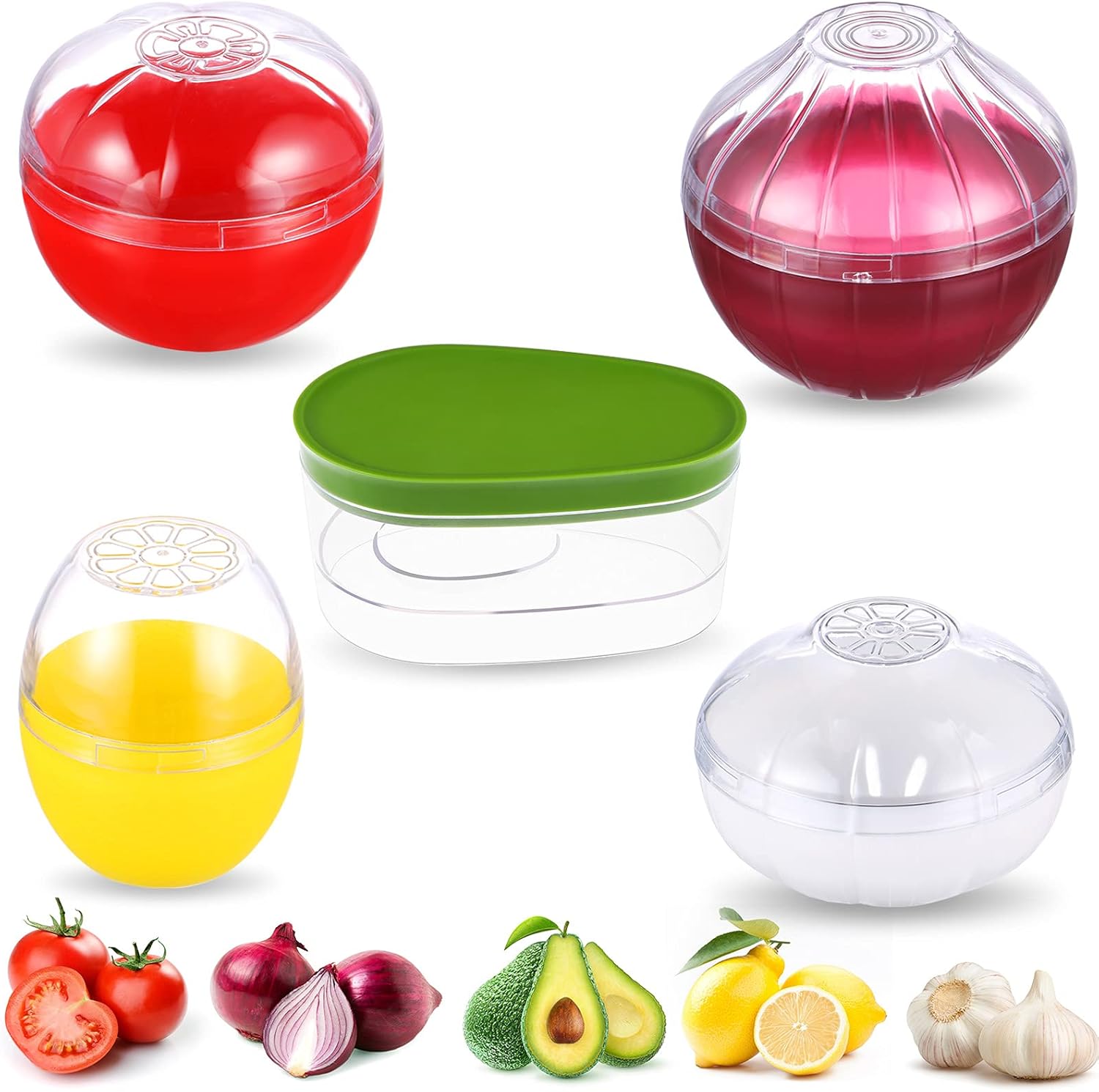 5 Pcs Food Savers Fruit Vegetable Shaped Food Savers Storage Box Onion Tomato Lemon Garlic Avocado Keeper/Saver/Holder Reusable Plastic Refrigerator Box Fresh Storage Bowls for Food Stays Fresh Longer