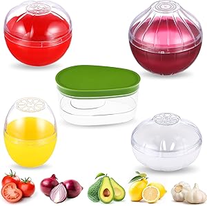 5 Pcs Food Savers Fruit Vegetable Shaped Food Savers Storage Box Onion Tomato Lemon Garlic Avocado Keeper/Saver/Holder Reusable Plastic Refrigerator Box Fresh Storage Bowls for Food Stays Fresh Longer