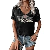 GIRSARRDER Summer Vintage Rock and Roll T Shirts for Women Casual Country Music Tshirts Rock Band Concert V Neck Tops