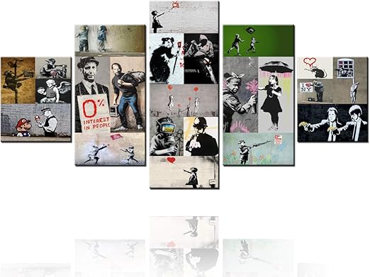 Amazon Com Graffiti Wall Art Banksy Pictures Street Art Paintings Banksy Art In Brick Lane Artwork 5 Pieces Canvas Home Decor For Living Room Giclee Wooden Framed Gallery Wrapped Ready To Hang 60 Wx32 H Posters