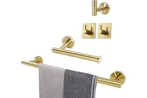 TocTen 5 PCS Bathroom Hardware Set SUS304 Stainless Steel-Towel Rack Set Include Lengthen Hand Towel Bar+Toilet Paper Holder+3 Robe Towel Hooks Bathroom Accessories Towel Bar Set (Brushed Gold, 24IN)