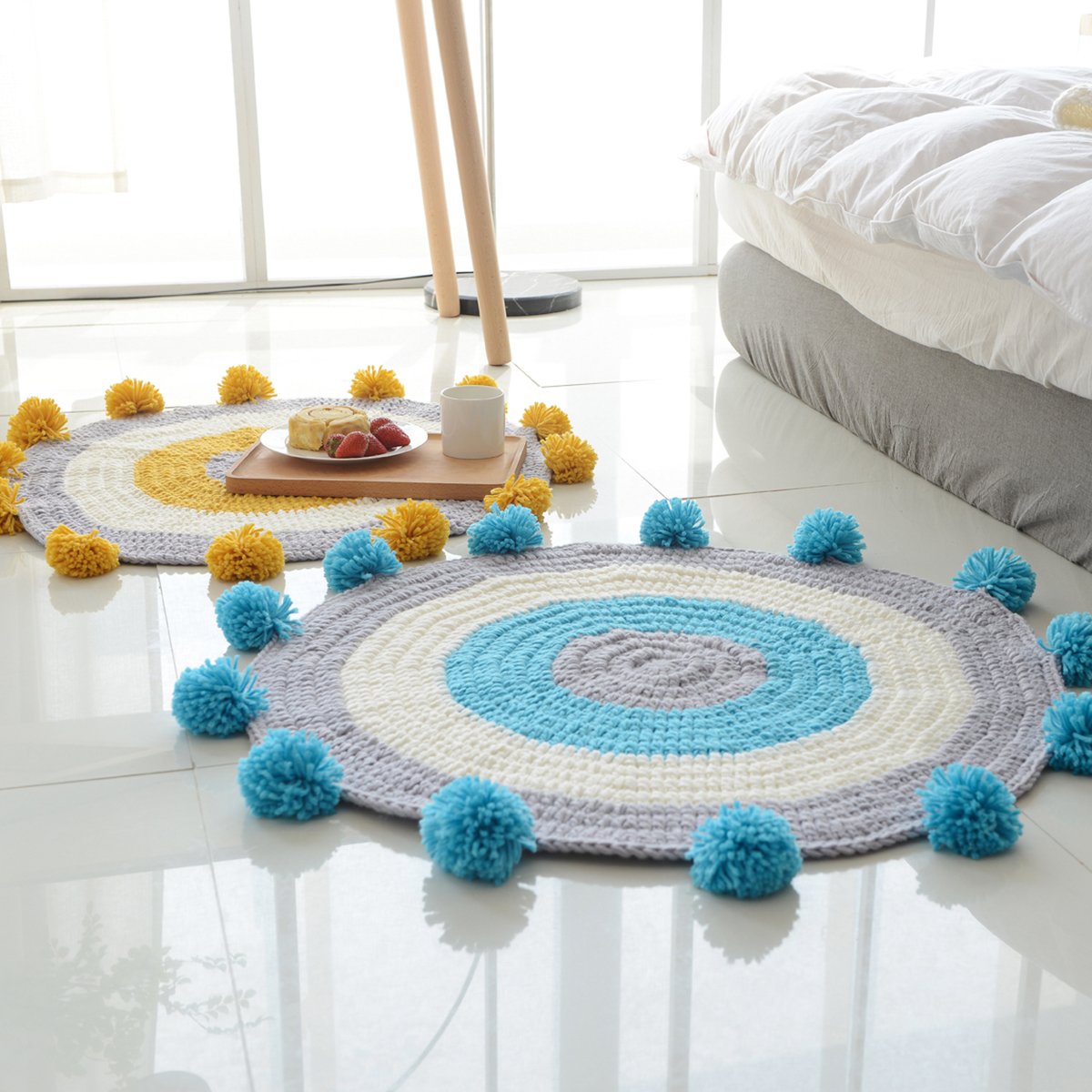MYLUNE HOME Modern Round Knit Area Rug Carpet Mats Blanket for Bedroom Living Room Sofa Table Carpet (blue)